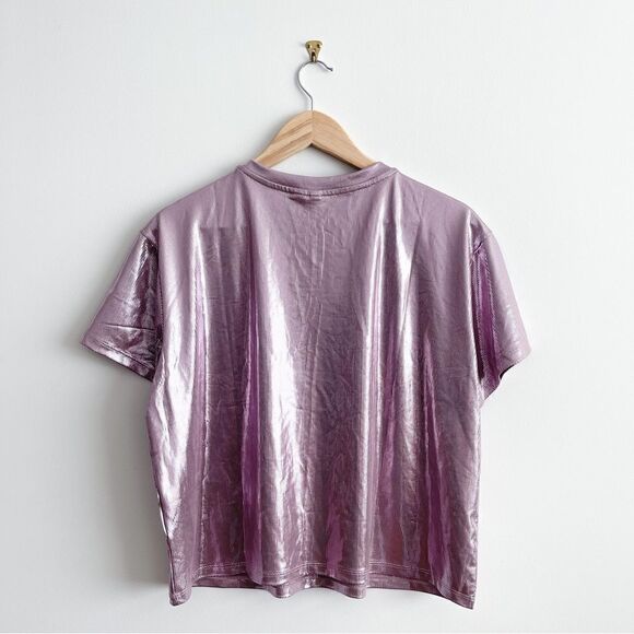 H&M Glittery Top Pink Dots Short Sleeve Wide Boxy Women's M - Picture 2 of 8